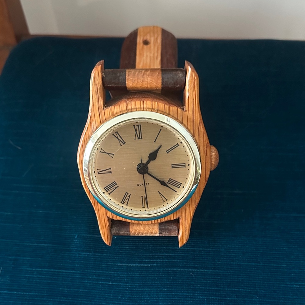 Vintage Wooden watch shaped desk clock